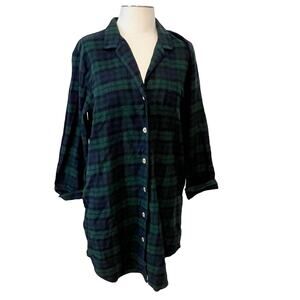 J. Crew Blue Green Plaid Flannel Button-Down Shirt Pajamas Dress Gown, M